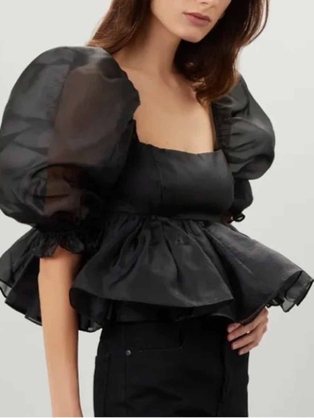 Selkie Top Black Organza Puff Sleeve Peplum Small Dark Romantic Avante Garde
